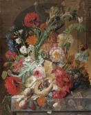FREDRIKS Johannes Hendrik Irises, Peonies, Roses, And Other Flowers Surrounding A Terracotta Urn, With A Birds' Nest, Grapes, And Plums FREDRIKS Johannes Hendrik Irises, Peonies, Roses, And Other Flowers Surrounding A Terracotta Urn, With A Birds' Nest, Grapes, And Plums