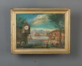 FREY von Josef Gabriel Flusslandschaft Mit Gehöft Und Tanzenden Bauern FREY von Josef Gabriel Flusslandschaft Mit Gehöft Und Tanzenden Bauern