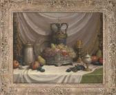 FRIEDLINGER John Grapes, Peaches, An Apple And A Pear In A Silver Bowl, With A Gold Goblet And Ornate Pitcher To The Side FRIEDLINGER John Grapes, Peaches, An Apple And A Pear In A Silver Bowl, With A Gold Goblet And Ornate Pitcher To The Side