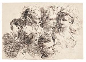 Gaetano Gandolfi - Six Studies Of Heads, Some With Elaborate Hairstyles