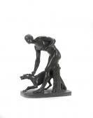 GIBSON John The Figure Of The Hunter Striding Forward, A Tree Stump To Hisside, One Hand Holding The Collar Of The Dog, The Other Holding Anow Missing Spear, A Dog Walking Between The Hunter's Legs, Thetree Stump Inscribed GIBSON John The Figure Of The Hunter Striding Forward, A Tree Stump To Hisside, One Hand Holding The Collar Of The Dog, The Other Holding Anow Missing Spear, A Dog Walking Between The Hunter's Legs, Thetree Stump Inscribed