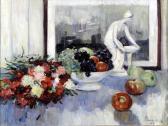 GLANSDORFF Hubert Nature Morte À La Statuette Et Aux Fleurs GLANSDORFF Hubert Nature Morte À La Statuette Et Aux Fleurs
