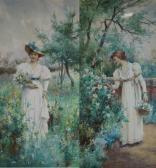 GLENDENING Jnr. Alfred Elegant Lady Picking Flowers In A Garden GLENDENING Jnr. Alfred Elegant Lady Picking Flowers In A Garden