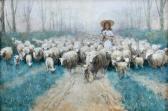 GOETHEM van Edward A Shepherdess With Sheep And Lambs On A Country Track GOETHEM van Edward A Shepherdess With Sheep And Lambs On A Country Track