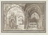 GONZAGA Pietro di Gottardo Two Architectural Studies: A Gothic Courtyard With A Columned Arcade And A Church Interior With A Tomb GONZAGA Pietro di Gottardo Two Architectural Studies: A Gothic Courtyard With A Columned Arcade And A Church Interior With A Tomb