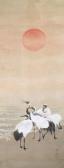GOSHU Five Manchurian Cranes Standing On A Shore Beneath A Red Sun GOSHU Five Manchurian Cranes Standing On A Shore Beneath A Red Sun