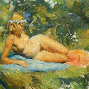 Johannes Grenness - A Nude With Flowers In Her Hair