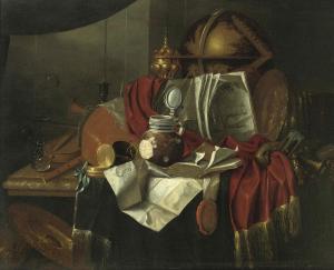 Franciscus Gysbrechts - Gijsbrechts  Musical Instruments, A Globe, A Watch, Books, A Stoneware Ewer,documents, A Wineglass, A Horne And Various Other Objects On Apartly Draped