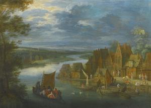 Pieter Gysels - A Village By A River With A Sailing Boat