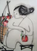 HA VAN VUONG Seated Oriental Figure With Basket Of Apples HA VAN VUONG Seated Oriental Figure With Basket Of Apples