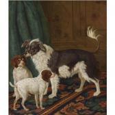 HAAG Tethart Philip Christiaan A Longhaired Black-and-white Dog With Bushy Tail And Two Brown Spotted White Puppies In An Interior HAAG Tethart Philip Christiaan A Longhaired Black-and-white Dog With Bushy Tail And Two Brown Spotted White Puppies In An Interior
