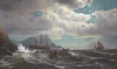 HAAS de Maurits Frederik H. Lobstermen Off A Northeast Coast Probably Maine With A Packet Ship And A Steam Tug In The Distance HAAS de Maurits Frederik H. Lobstermen Off A Northeast Coast Probably Maine With A Packet Ship And A Steam Tug In The Distance