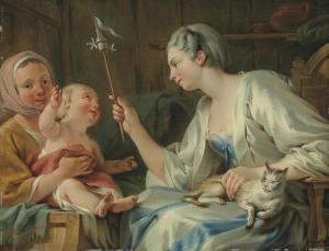 Noël Hallé - A Lady Entertaining A Child Of A Savoyard Woman With Apinwheel 
