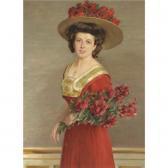 HAMACHER Alfred A Portrait Of An Elegant Young Woman Wearing A Red Dress And A Flower Adorned Hat Holding A Bouquet. HAMACHER Alfred A Portrait Of An Elegant Young Woman Wearing A Red Dress And A Flower Adorned Hat Holding A Bouquet.