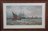 HARDY Thomas Bush Fishing Fleet Off Distinctive Coastal Town With Spire, Amongst Moored Three Masters, On A Squally Day HARDY Thomas Bush Fishing Fleet Off Distinctive Coastal Town With Spire, Amongst Moored Three Masters, On A Squally Day