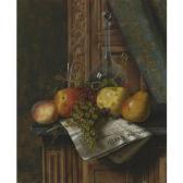 HARNETT William Michael Still Life With Munich Newspaper, Fruit And Decanter HARNETT William Michael Still Life With Munich Newspaper, Fruit And Decanter