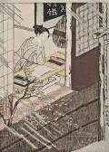 HARUNOBU Suzuki A Woman Seated At A Writing Desk Looking Out At The Rain HARUNOBU Suzuki A Woman Seated At A Writing Desk Looking Out At The Rain