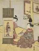 HARUNOBU Suzuki Admiring A Picture Of A Dandy By Okumura Masanobu HARUNOBU Suzuki Admiring A Picture Of A Dandy By Okumura Masanobu