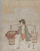 HARUNOBU Suzuki Chuban Tate-e, Le Vendeur D'eau Marchant Et Portant Deux Sceaux En Bois Suspendus À Un Bâton Posé Sur Son Épaule Droite HARUNOBU Suzuki Chuban Tate-e, Le Vendeur D'eau Marchant Et Portant Deux Sceaux En Bois Suspendus À Un Bâton Posé Sur Son Épaule Droite