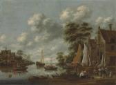 HEEREMANS Thomas A River Landscape With Ferry Boats And Other Vessels, Figures Disembarking By An Inn HEEREMANS Thomas A River Landscape With Ferry Boats And Other Vessels, Figures Disembarking By An Inn