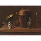 HELD Georg A Still Life With A Silver Sugar Jar, A Copper Bowl On A Stove, A Stoneware Jug And Pot, A Candle And A Pair Of Bellows, All On A Stone Ledge HELD Georg A Still Life With A Silver Sugar Jar, A Copper Bowl On A Stove, A Stoneware Jug And Pot, A Candle And A Pair Of Bellows, All On A Stone Ledge