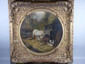 HERRING John Frederick I White Horse In A Yard With Buildings And With Three Relaxing Goats HERRING John Frederick I White Horse In A Yard With Buildings And With Three Relaxing Goats