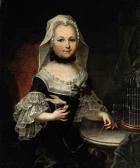 HICKEL Joseph Portrait Of Antonia, Countess Of Lamberg, Three-quarter-length, Ina Black And White Dress With Lace Cuffs, Holding A Bird By Astring HICKEL Joseph Portrait Of Antonia, Countess Of Lamberg, Three-quarter-length, Ina Black And White Dress With Lace Cuffs, Holding A Bird By Astring