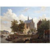 HOVE van Bartholomeus J. A Ferry Crossing The Binnen Spaarne Canal In Haarlem, The Sint Bavochurch In The Background HOVE van Bartholomeus J. A Ferry Crossing The Binnen Spaarne Canal In Haarlem, The Sint Bavochurch In The Background