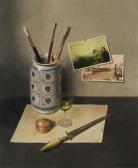 HOYLANDT van Werner Still Life With Pencil Pot, Photos, Wine Glass And Letter Opener On A Table HOYLANDT van Werner Still Life With Pencil Pot, Photos, Wine Glass And Letter Opener On A Table