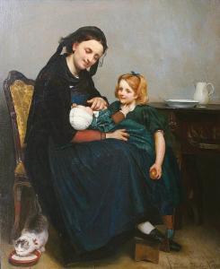 Julius Ii Hubner - A Mother With Her Children And A Cat