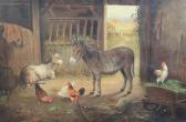 HUNT Alfred Donkey, Goat And Chickens In A Barn HUNT Alfred Donkey, Goat And Chickens In A Barn