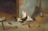 HUNT Edgar A Rooster, Hen And Chicks In A Barn HUNT Edgar A Rooster, Hen And Chicks In A Barn