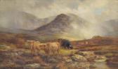 HURT Louis Bosworth Crossing A Staye, Moorland Showers On The Hills' Highland Cattle In A Scottish Glen With Figures Beside A Croft In The Distance HURT Louis Bosworth Crossing A Staye, Moorland Showers On The Hills' Highland Cattle In A Scottish Glen With Figures Beside A Croft In The Distance