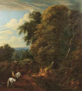 Cornelis Huysmans - A Wooded Landscape With A Horseman Near A Stream