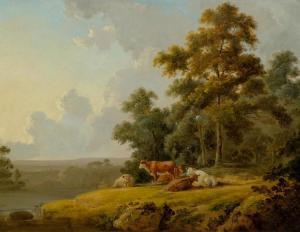 Julius Caesar Ibbetson - Woodland And River Landscape With Cows