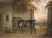 JACKSON George A Saddled Black Horse In A Yard With A River Landscape Beyond JACKSON George A Saddled Black Horse In A Yard With A River Landscape Beyond