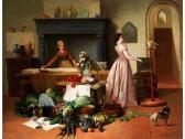 JACOBS F. Elegante Dame Mit Kakadu In Einem Interieur Mit Stillebenarrangement JACOBS F. Elegante Dame Mit Kakadu In Einem Interieur Mit Stillebenarrangement
