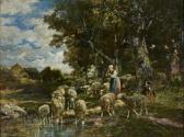 JACQUE Charles Emile Bergère Et Son Troupeau En Lisière De Forêt JACQUE Charles Emile Bergère Et Son Troupeau En Lisière De Forêt