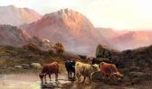 JAMIESON Frances E. Highland Cattle Beside A Loch With Mountains To Background JAMIESON Frances E. Highland Cattle Beside A Loch With Mountains To Background