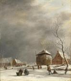 JANSON Johannes A Winter Landscape With Skaters On A Frozen River Near A Haystack JANSON Johannes A Winter Landscape With Skaters On A Frozen River Near A Haystack