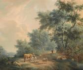 JANSON Johannes A Wooded Landscape With Cattle And Sheep Resting On A Track With Two Figures Behind JANSON Johannes A Wooded Landscape With Cattle And Sheep Resting On A Track With Two Figures Behind