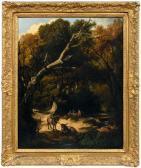 JEAN Roger Woodland Landscape With Figures Camping And Donkeys Resting By A Stream JEAN Roger Woodland Landscape With Figures Camping And Donkeys Resting By A Stream
