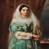 JERICHAU-BAUMANN Anna Maria Elisabeth Dark-haired Beauty In A Turquoise Dress With Golden Ribbons JERICHAU-BAUMANN Anna Maria Elisabeth Dark-haired Beauty In A Turquoise Dress With Golden Ribbons
