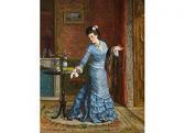 JONGHE de Gustave Leonhard Dame In Blauem Seidenkleid JONGHE de Gustave Leonhard Dame In Blauem Seidenkleid