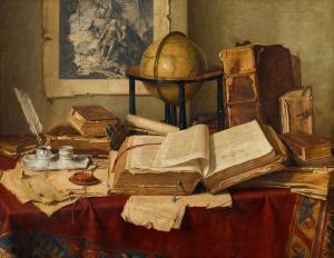 Josef Jurutka - Still Life With Books, Quill Pen, Globe And Engraving