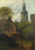 KATZ Wilhelm A Village Scene With A Bridge And A Figure Fishing In The Foreground KATZ Wilhelm A Village Scene With A Bridge And A Figure Fishing In The Foreground
