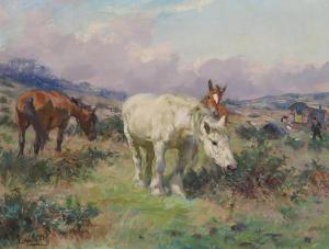 Lucy Elizabeth Kemp-Welch -  Gypsy Caravan And Horses On A Sunny Heath 