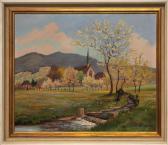 KIRCHEN Willi Blesch, Lilli Kirche Inmitten Von Wiesen Und Blühenden Bäumen, Im Vordergrund Ein Bach, Im Hintergrund Die Berge Des Schwarzwaldes KIRCHEN Willi Blesch, Lilli Kirche Inmitten Von Wiesen Und Blühenden Bäumen, Im Vordergrund Ein Bach, Im Hintergrund Die Berge Des Schwarzwaldes
