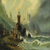 KNEES M. Rocky Coast With Lighthouse And Sailing Ships In Heavy Sea KNEES M. Rocky Coast With Lighthouse And Sailing Ships In Heavy Sea