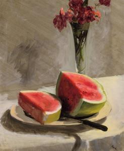 John Koch -  Still Life With Watermelon And Roses